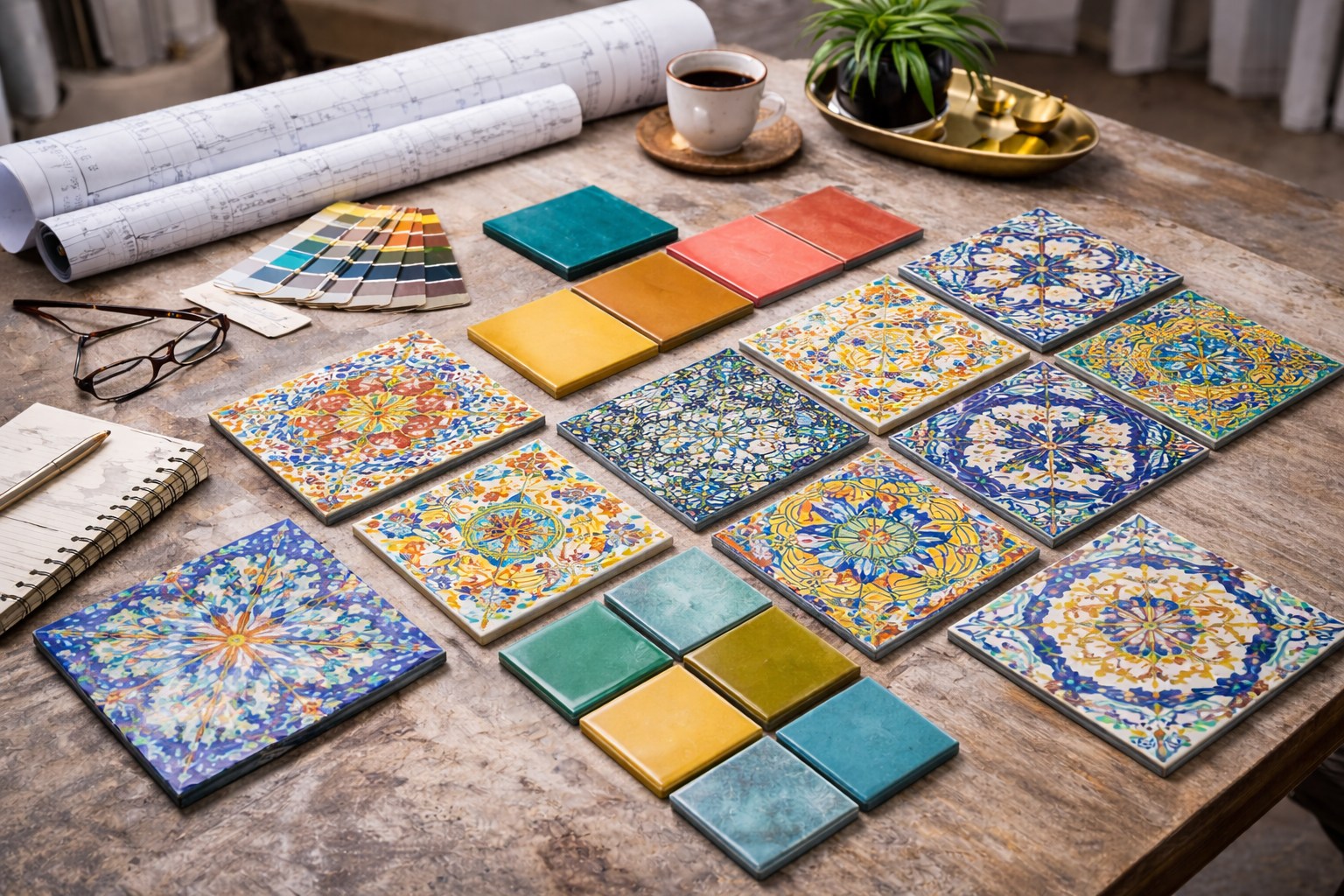 Colorful decorative tile samples arranged on a table with design plans