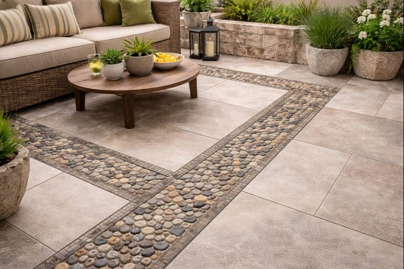 Modern patio tile installation with pebble accents in Sherman Oaks, California